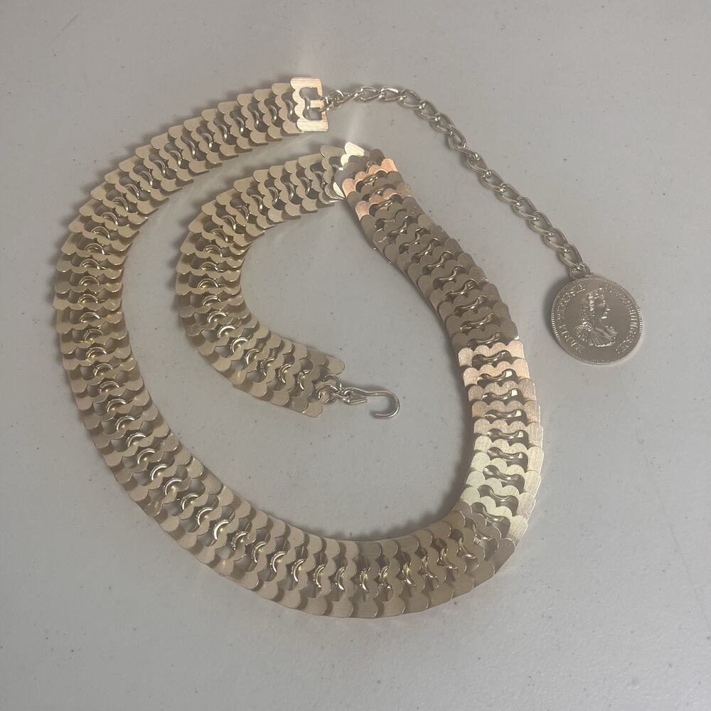 Gold Tone Scalloped Chain Belt Austrian Coin Metal Link Adjustable 32.5-38" Lg